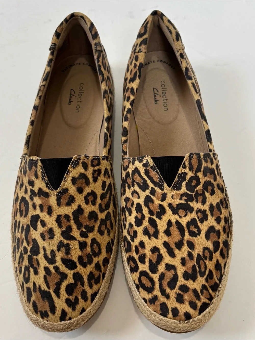 CLARKS Tan Leopard Print Suede Danelly Sky Espadrille Perforated Slip On Flats